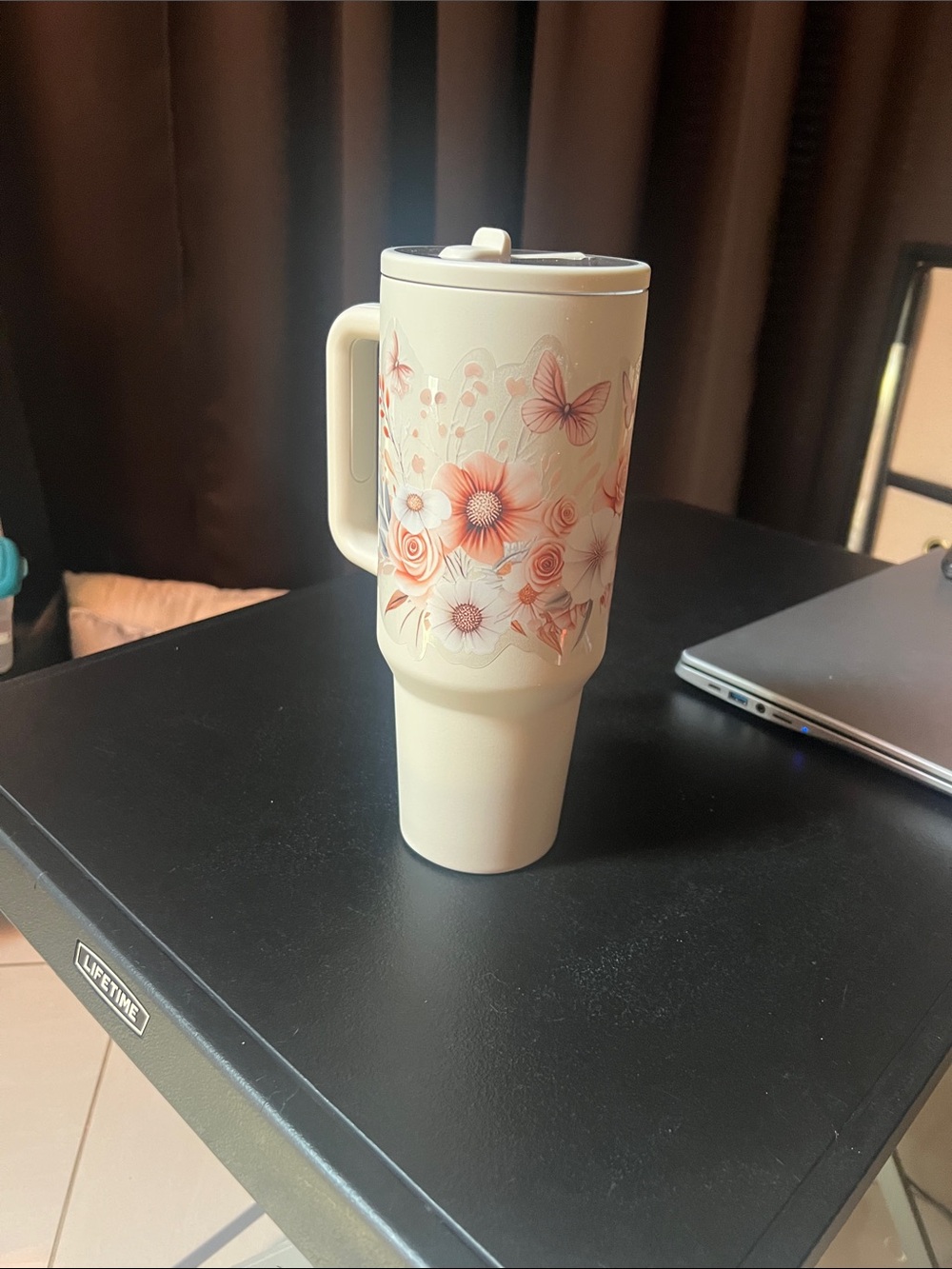 Floral Insulated Travel Mug - Cream with Pink Flower Design